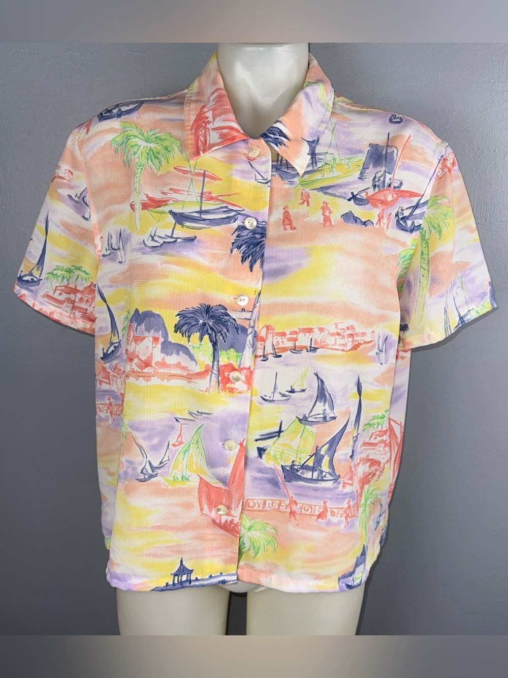 Bushwacker Shirt Women’s XL Multicolor Pastel Tropical Beachy Scene Button Up